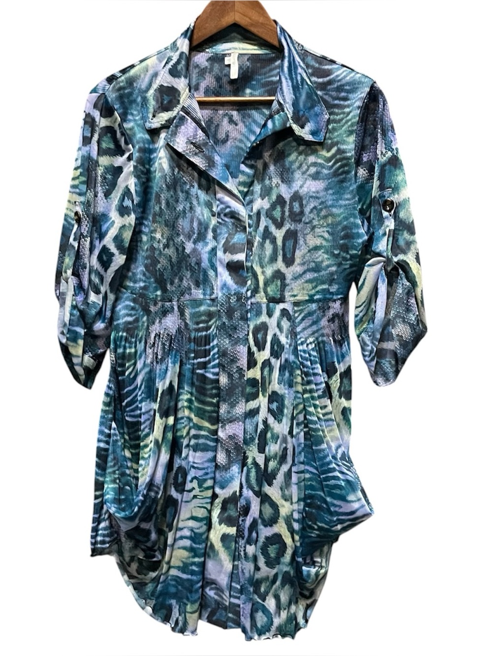Lindi Blue Teal Leopard Animal Print Tunic Blouse Size L